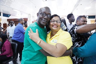 APNU’s John Adams embraces AFC’s Latchmin Punalall at a joint strategy and planning workshop held yesterday at the Ocean View Convention Centre to fine-tune regional campaign strategies for the coalition at the upcoming May 11 elections. In a joint statement afterward, the coalition said the workshop was geared towards putting the finising touches on the regional campaign strategies while linking into the national campaign plan. APNU+AFC will host a media launch on Wednesday at the Pegasus Hotel, while a public launch is planned for a later date. (APNU+AFC photo)