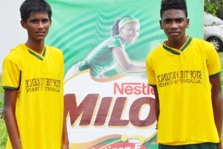 Mae’s Secondary sharp-shooters Darshan Persaud (left) and Hakiem Hutson pose for a photo opportunity following their win over the School of the Nations

