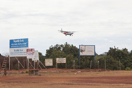 A plane lands at the Lethem Airstrip
