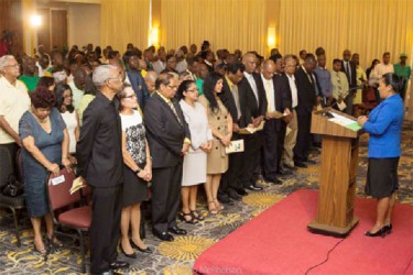 The gathering at the formal launch of the APNU+AFC alliance yesterday at the Guyana Pegasus. (APNU+AFC photo) 