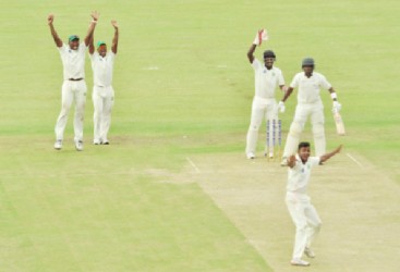 Davendra Bishoo appeals the wicket of Damion Jacobs Chadwick Walton pulls one during his knock of 58 