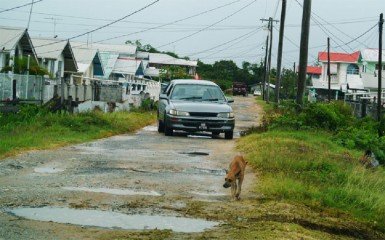 This taxi negotiates one of the deplorable roads in the village 