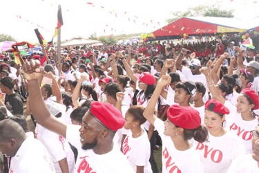 PYO members at the commemoration ceremony for Cheddi and Janet Jagan at Babu John, Port Mourant yesterday.