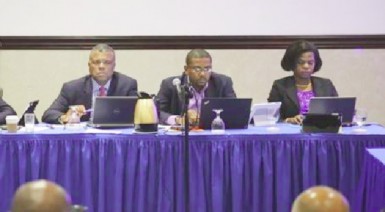 WICB President Dave Cameron, centre at Saturday’s meeting. (Photo courtesy WICB) 