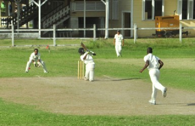  Ashmead Nedd drives a Timothy McCalmont’s delivery firmly through the covers.