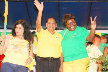 PNCR organizer for Linden, Sandra Adams (right) with Moses Nagamootoo and Seeta Ramjattan, wife of AFC leader Khemraj Ramjattan. 