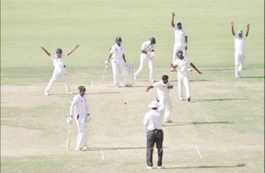 Narsingh Deonarine celebrates the wicket of Jeremy Solozano. (Orlando Charles photo)