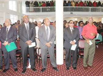 In this photo from left to right, Retired General, Joseph Singh, Nigel Hughes, Raphael Trotman, Opposition Prime Ministerial candidate Moses Nagamootoo, and Opposition Presidential candidate Brigadier David Granger.  