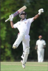 Jason Mohammed is ecstatic after reaching his fifth regional four day century. (Photo courtesy of WICB media)
