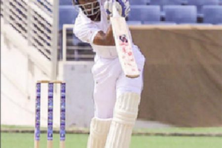 Shamarh Brooks on drives on the way to his century for Barbados Pride yesterday. (Photo courtesy WICB media)