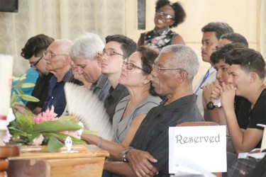 A section of the gathering yesterday at the St Saviour’s Parish Church for the funeral service for Margery Kirkpatrick who died on Saturday.