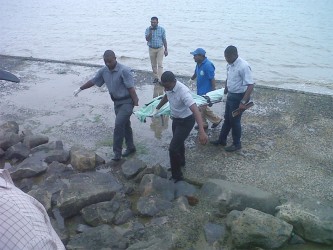 The body of Alicia Alli being retrieved from the seawall yesterday.