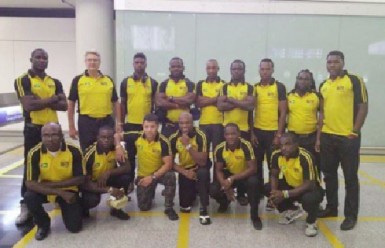 Guyana’s rugby team pose for photos shortly after arriving in Hong Kong