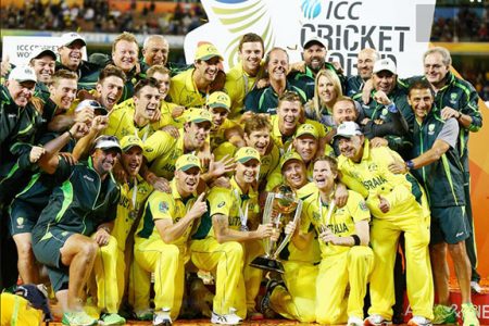 The victorious Australia team basks in the limelight of their fifth World Cup title triumph.  (Photo courtesy of ICC World Cup site)