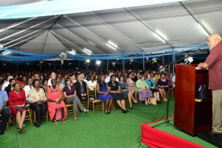 President Donald Ramotar addressing women and stakeholders at a State House ceremony to mark International Women’s Day (GINA photo)
