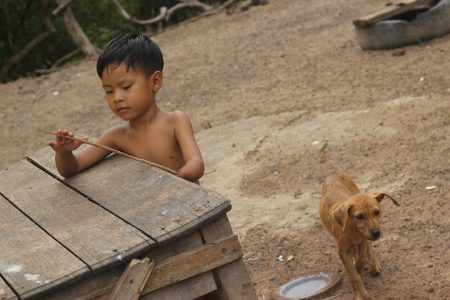 A young Amerindian boy playing with his stick, as his dog conducts his own business. 