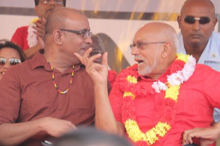 President Donald Ramotar (right) and former President Bharrat Jagdeo at the PPP/C Kitty rally yesterday.