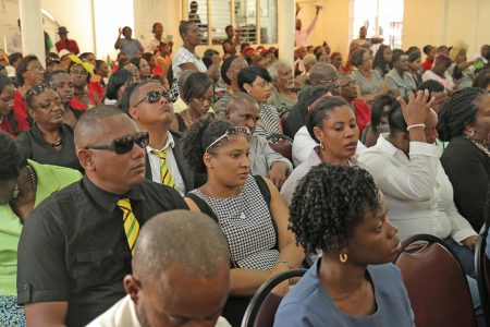 Part of the gathering at the Heavenly Light Church in Albouystown to say farewell to Courtney Crum-Ewing.