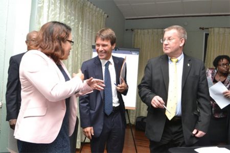 Minister of Foreign Affairs, Carolyn Rodrigues-Birkett (left), sharing a light moment with her colleagues of CARIFOURM states at Duke Lodge (GINA photo)
