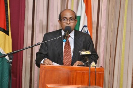 Indian High Commissioner, Venkatachalam Mahalingam delivering his remarks to the gathering at the 2015 Indian Technical and Economic Co-operation (ITEC) day observance (GINA photo)