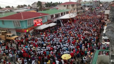 The crowd at the PPP rally at the Kitty Market Square this afternoon. (Arian Browne photo)