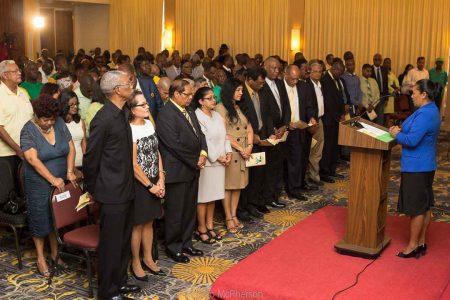 The gathering at the formal launch of the APNU+AFC alliance today at the Guyana Pegasus. (APNU+AFC photo)