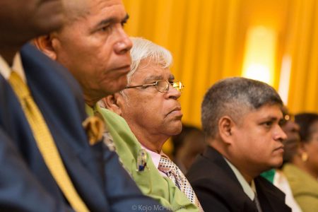 Justice For All Party Leader CN Sharma (centre), his son Jaipaul Sharma (right) and Dr George Norton (third from right) at the formal launch of the APNU+AFC alliance today at the Guyana Pegasus. (APNU+AFC photo).