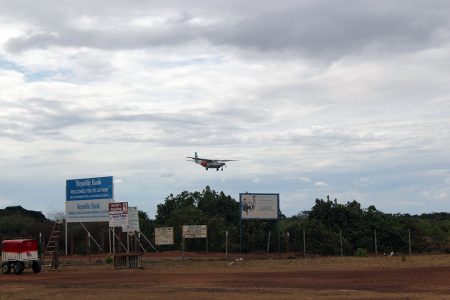 A plane lands at the Lethem Airstrip