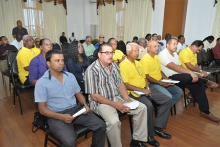 Miners at the meeting with President Donald Ramotar and Natural Resources Minister Robert Persaud  (GINA photo)f
