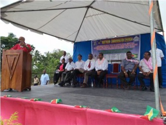 President Donald Ramotar addressing the gathering at the 102nd anniversary of the Rosehall Martyrs at Canje (GINA photo)
