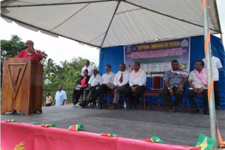 President Donald Ramotar addressing the gathering at the 102nd anniversary of the Rosehall Martyrs at Canje (GINA photo)