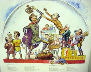 Cartoon depicting a crisp and towering Bobby Fischer snatching the chess crown from a Soviet official and placing it on his head following the declaration of a new ancient brain game champion. The symbolism of the cartoon from 1972 exemplified the West’s supremacy in chess, breaking the long tradition of the Soviets as accepted holders of the world chess championship title. Spassky is standing in a dwarf-like fashion immediately behind Fischer, who is portrayed with his enormous bag of cash, a sword and his cowboy pistol.  