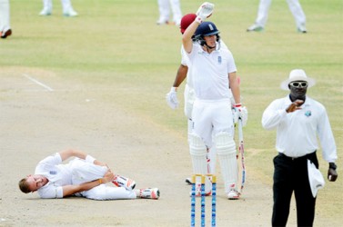 Stuart Broad grabs his ankle on the first day of the two-day, tour match between St. Kitts Invitational XI and English XI yesterday at Warner Park in St. Kitts.  Photo by WICB Media/Randy Brooks of Brooks Latouche Photography