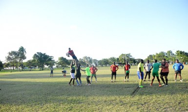 The national rugby outfit practicing yesterday at the National Park ahead of their Southern Zone final of the NACRA 15s championships on Saturday versus Trinidad and Tobago.