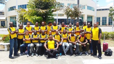 The national 15s rugby squad pose for a photo shortly after arriving at the Piarco International Airport in Trinidad and Tobago.  