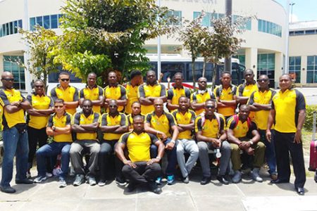 The national 15s rugby squad pose for a photo shortly after arriving at the Piarco International Airport in Trinidad and Tobago.
