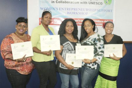 From left are Joan Rodney, Tracy Bailey, Faith De Souza, Abigail Joseph and Tracy Ann Massy with their certificates. 