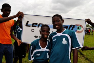  Agricola Red Triangle top scorers Leon Moore (left) and Shamar Morrison are all smiles following their combined five goal burst against Diamond United. 