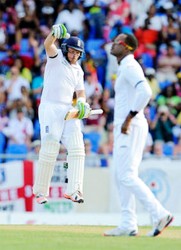 England’s Ian Bell jumps for joy after reaching his 22nd test century yesterday. (photo courtesy of WICB media) 