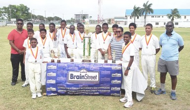 The victorious Demerara Cricket Club side which won the Brainstreet U15 competition on Sunday. Photo courtesy of GCA.