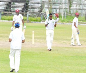 Shimron Hetmyer celebrates his second innings ton which left Berbice in a strong position 
