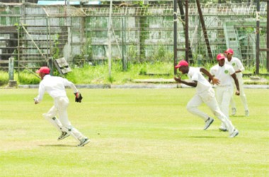 Berbice celebrate the final wicket of Daniel Basdeo during yesterday’s final day. (Orlando Charles photo)