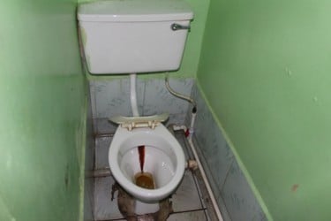 A broken, rust-stained toilet surrounded by freshly painted walls at the University of Guyana’s Turkeyen Campus.