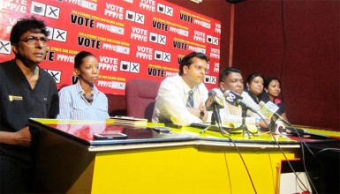 From left Clive Jagan, Vanessa Benn, PPP Executive Secretary Zulficar Mustapha, Vishalya Sharma and Tandika Smith