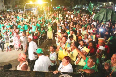 A part of the audience at the women’s rally organised by the APNU+AFC coalition last evening to address a number of women’s issues and emphasise the importance of women in the voting process to ensure a change in government. The rally was held at the Merriman Mall and attracted a mammoth crowd. (Arian Browne photo)