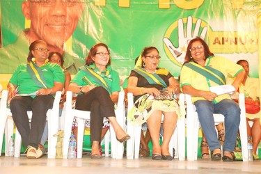 From left to right are Volda Lawrence, Sandra Granger, the wife of presidential hopeful David Granger, Sita Nagamootoo, the wife of prime ministerial candidate Moses Nagamootoo and Latchmin Punalall. (Arian Browne photo).