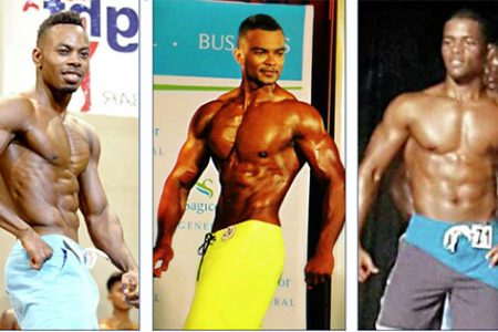 The top three finishers in the first National Novices Men’s Physique contest last Saturday at the Theatre Guild. Emmerson Campbell, Caerus Cipriani and Yannick Grimes. 