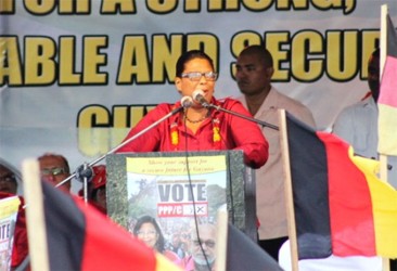 PPP/C’s Prime Ministerial candidate Elisabeth Harper addressing the large crowd at Albion, Berbice yesterday.