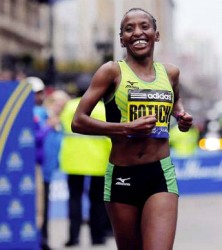 Caroline Rotich of Kenya crosses the finish line to win the women’s division of the 119th Boston Marathon in Boston, Massachusetts yesterday. (Reuters photo) 