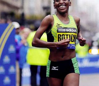 Caroline Rotich of Kenya crosses the finish line to win the women’s division of the 119th Boston Marathon in Boston, Massachusetts yesterday. (Reuters photo)
